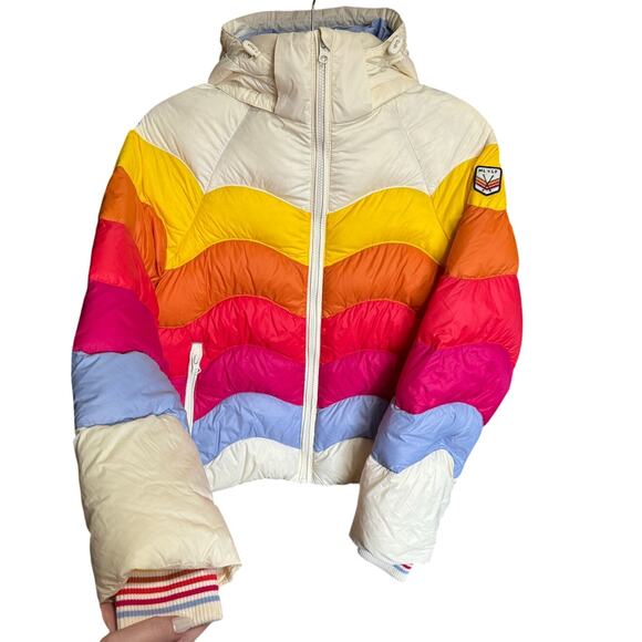 Marine Layer NEW ML X LF Apres Puffer Antique White Mullti Colorblock Size XS - Picture 4 of 15